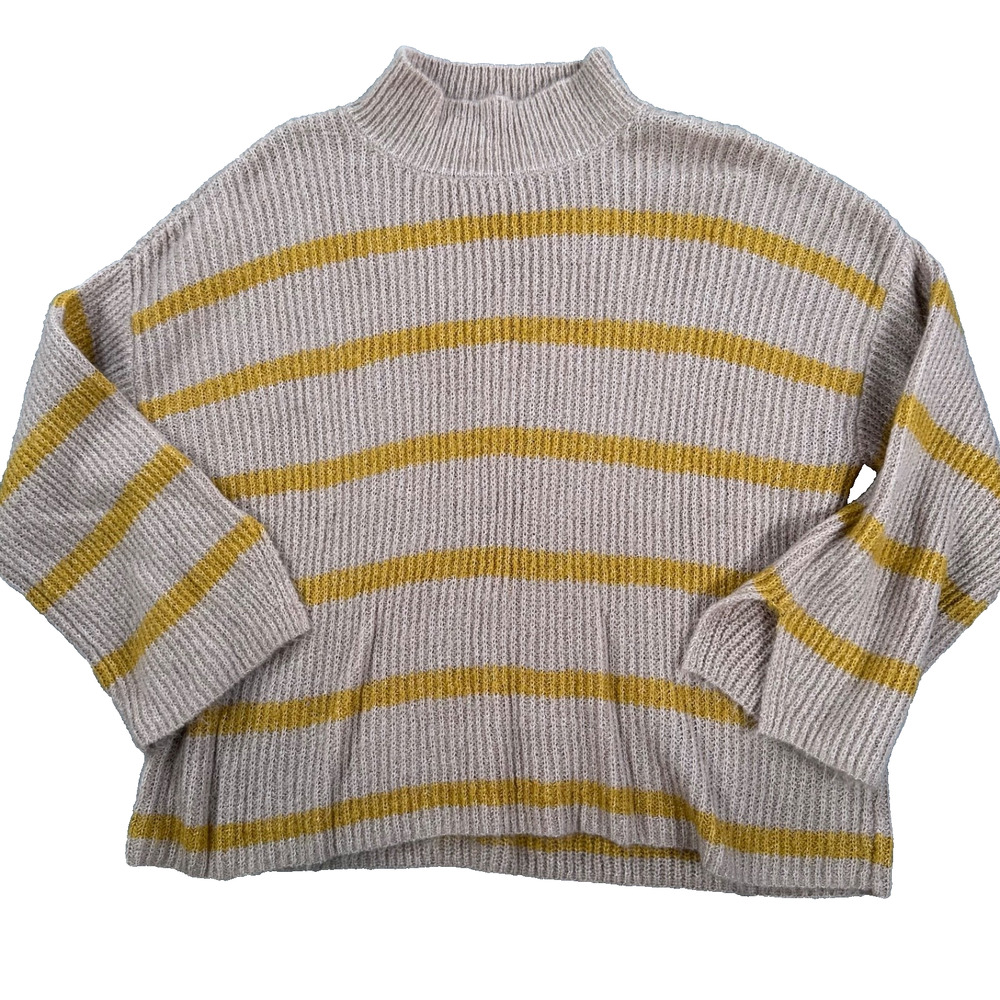 Blu Pepper Mock Neck Stripe Sweater Women's Small Brown/Yellow Ribbed Knit Boxy